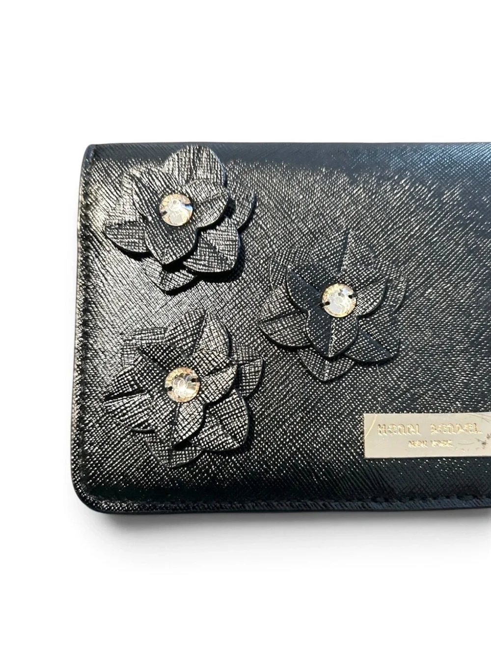 Henri Bendel RARE Black Saffiano Leather Floral Appliqué Phone Wallet NWOT